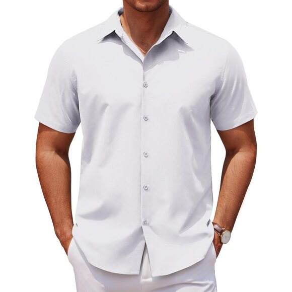A-white Mens Dress Long Sleeve Button Down Wrinkle Free Shirt with Pocket - Picture 1 of 5